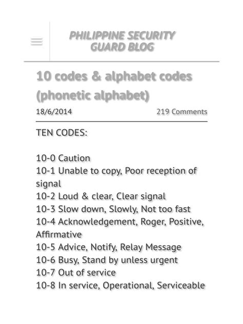 10-100 security code tagalog|Philippine Security Guard Blog Explains 10 Codes and Phonetic .